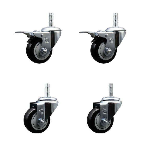 Service Caster 3 Inch Black Polyurethane Swivel 58 Inch Threaded Stem Caster Set 2 Total Lock Brakes SCC-TSTTL20S314-PPUB-BLK-58212-2-S-2 - main